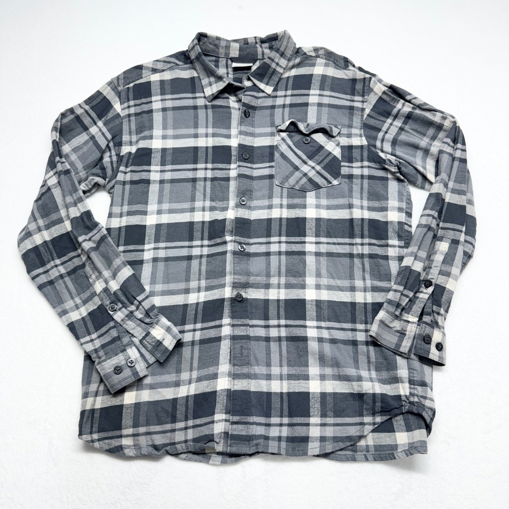 Columbia Plaid Flannel Button Down Womens Size XL Grey White XM0559 Cotton Blend